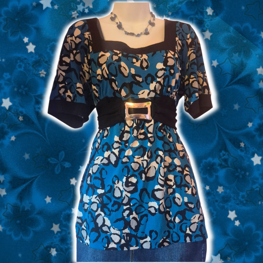 Studio 1940 Blue Black Cream Animal Print Belted Top